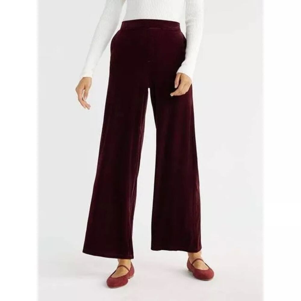 NWT Time and Tru Rustic Plum Red Velvet Wide Leg Pants Women's M